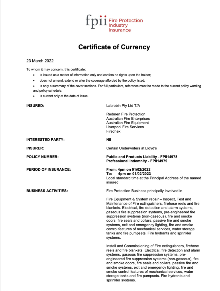 Fire Protection Industry Insurance FPII Certificate Currency-2022-2023